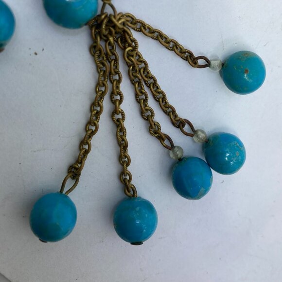 Vtg 1930s MIRIAM HASKELL ?  turquoise glass beads tassel lavalier necklace - Picture 6 of 6